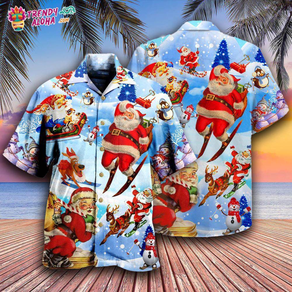 Christmas Skiing Santa Claus In Blue Hawaiian Shirt – Trendy Aloha