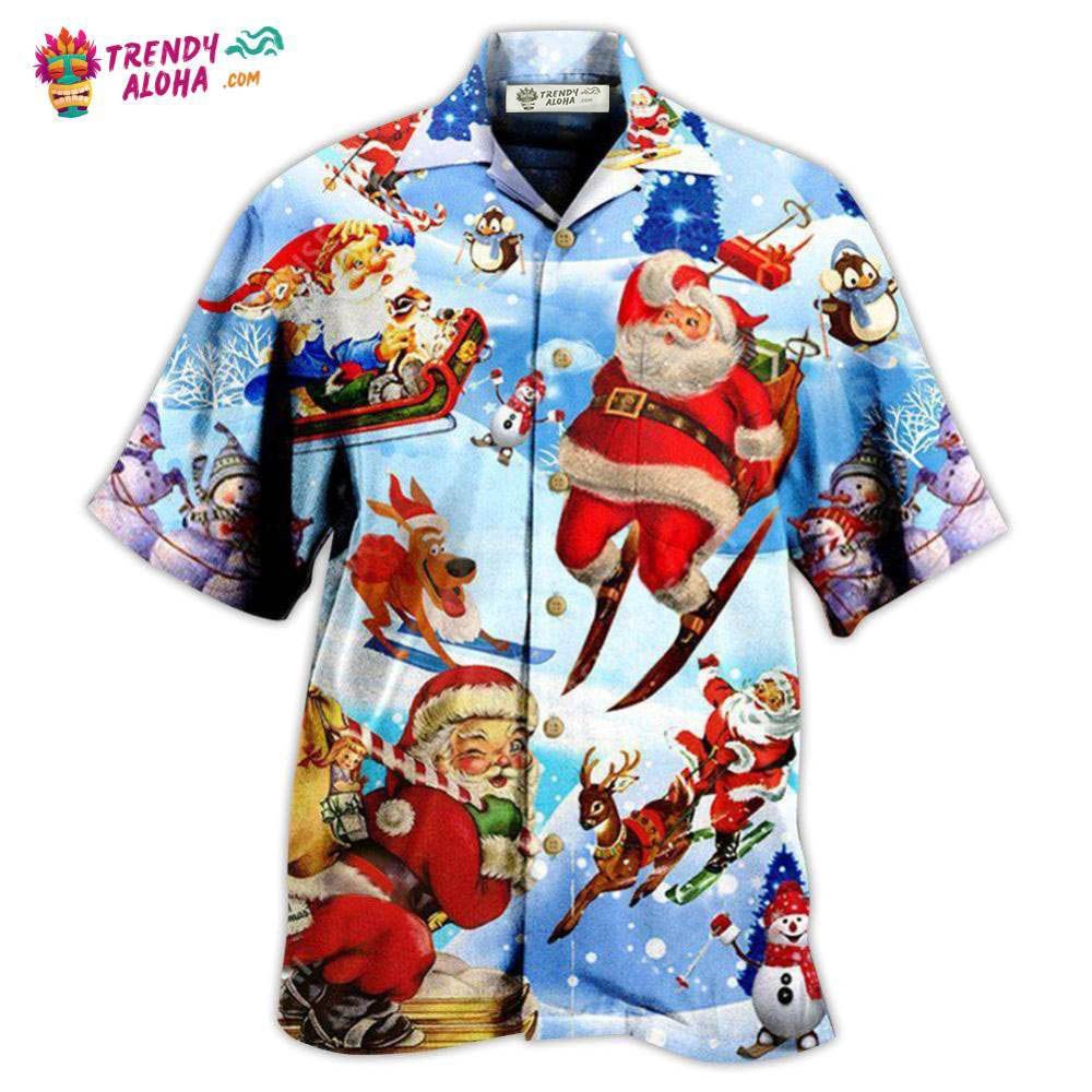 Christmas Skiing Santa Claus In Blue Hawaiian Shirt – Trendy Aloha