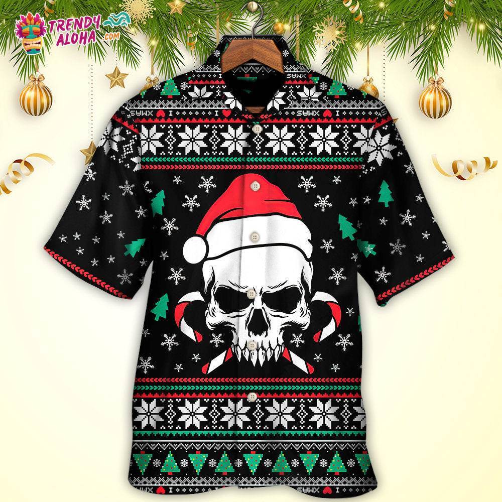Christmas Skull Wearing Santa Claus Hat And Sweat Candy Hawaiian Shirt – Trendy Aloha