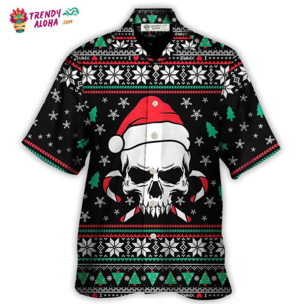 Christmas Skull Wearing Santa Claus Hat And Sweat Candy Hawaiian Shirt – Trendy Aloha