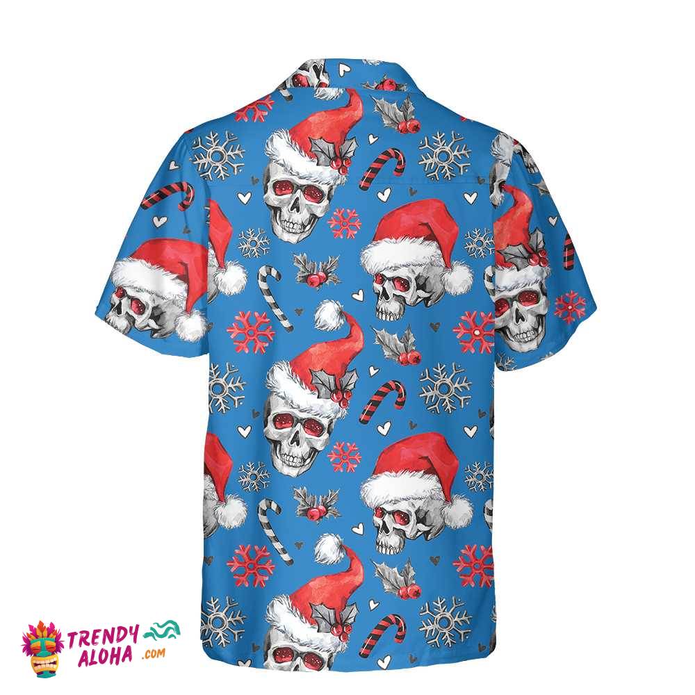 Christmas Skulls With Candy Canes Blue Version Christmas Hawaiian Shirt, Skull Christmas Hawaiian Shirt For Men