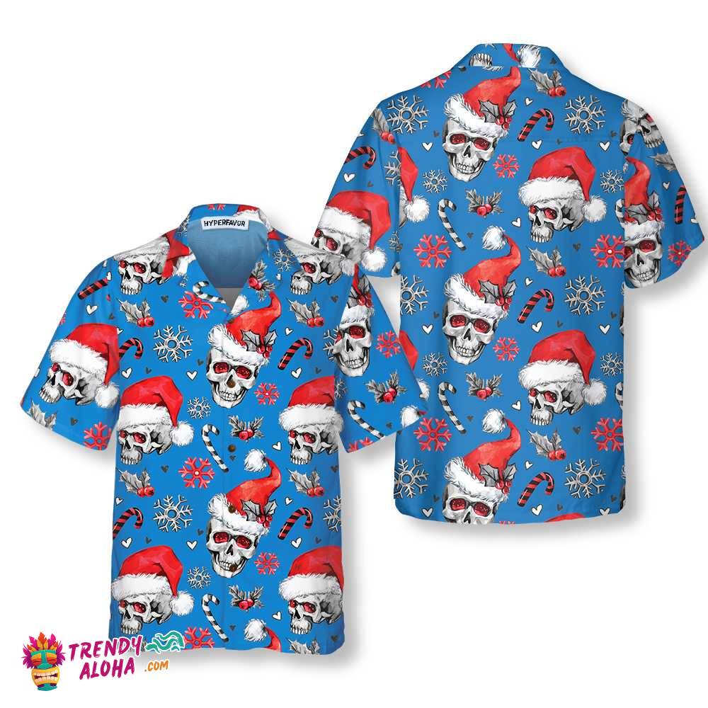 Christmas Skulls With Candy Canes Blue Version Christmas Hawaiian Shirt, Skull Christmas Hawaiian Shirt For Men