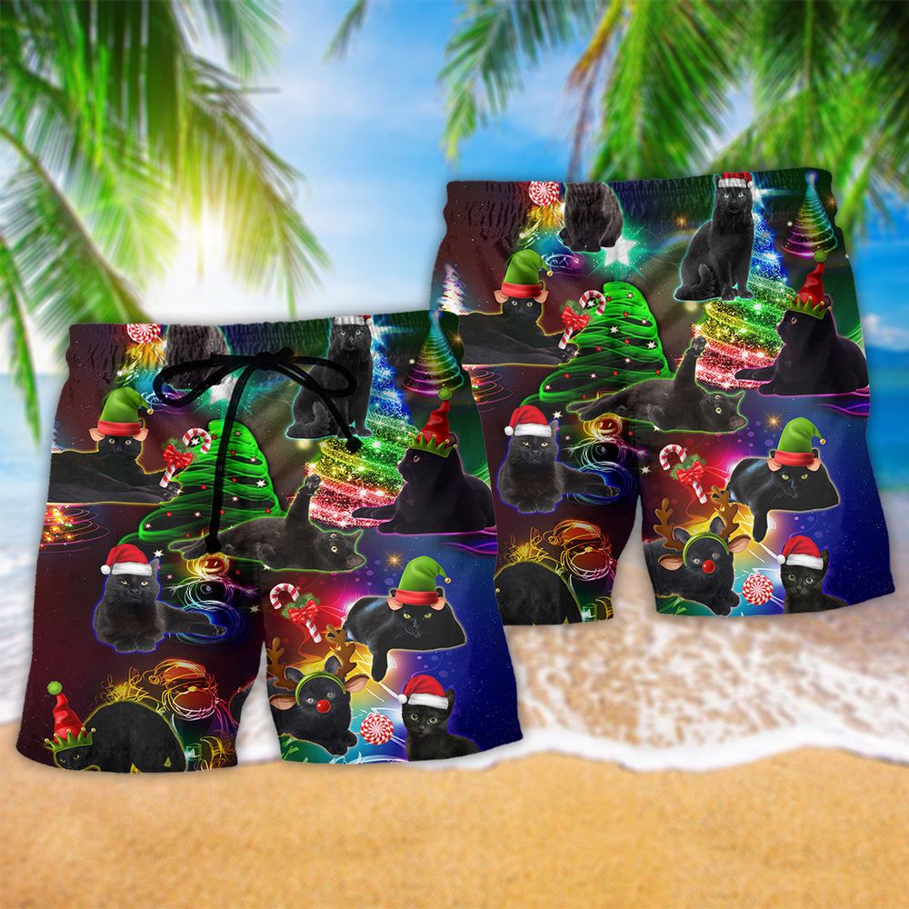 Christmas Tree Black Cat Stunning Trendy Aloha Hawaiian Beach Shorts