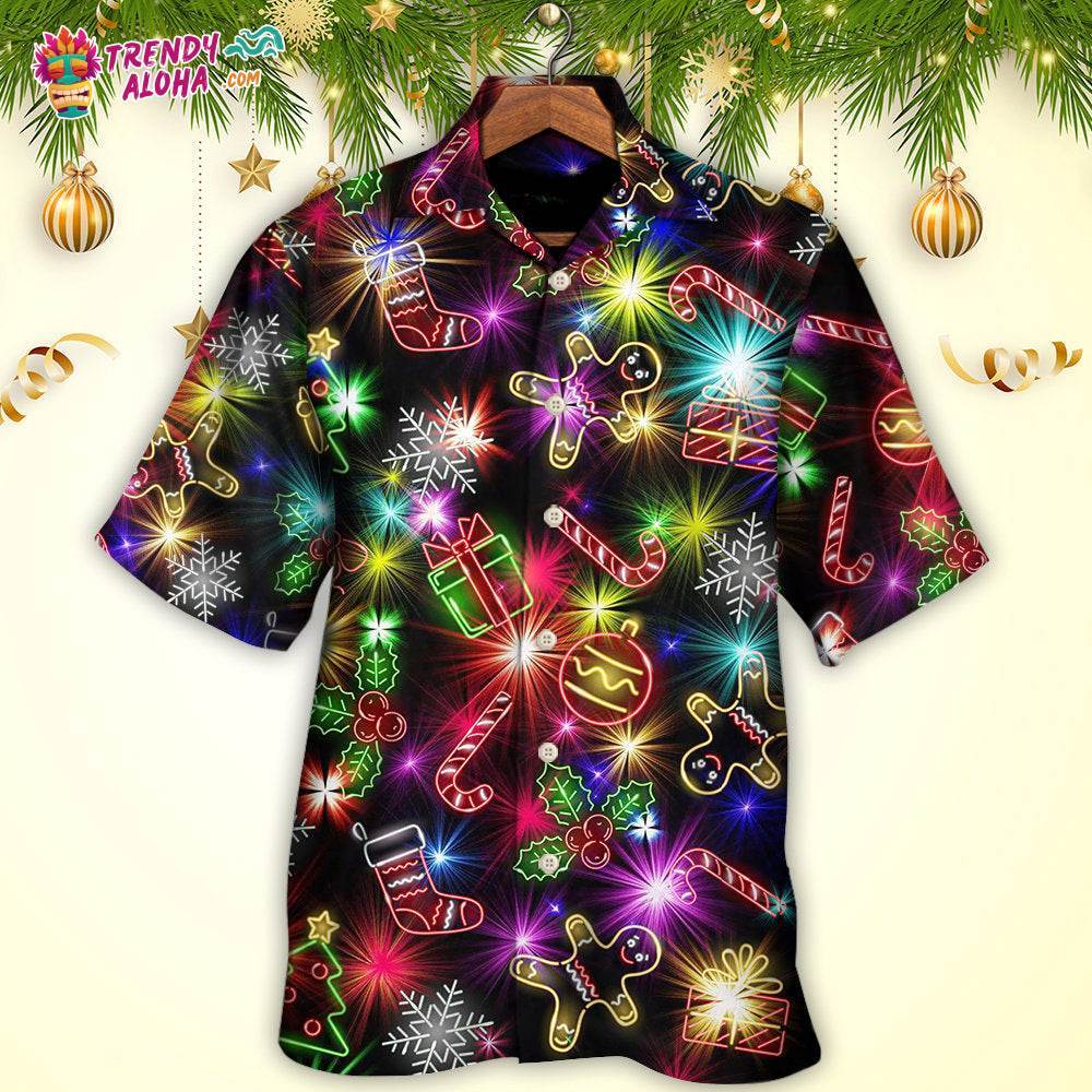 Christmas With Tree And Gift Cookies Gingerbread Man Neon Style Hawaiian Shirt – Trendy Aloha