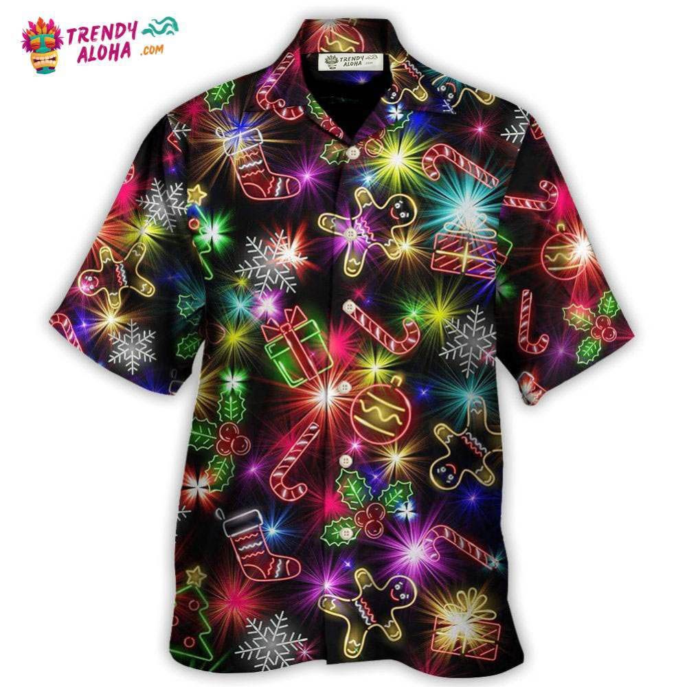Christmas With Tree And Gift Cookies Gingerbread Man Neon Style Hawaiian Shirt – Trendy Aloha Christmas With Tree And Gift Cookies Gingerbread Man Neon Style Hawaiian Shirt – Trendy Aloha
