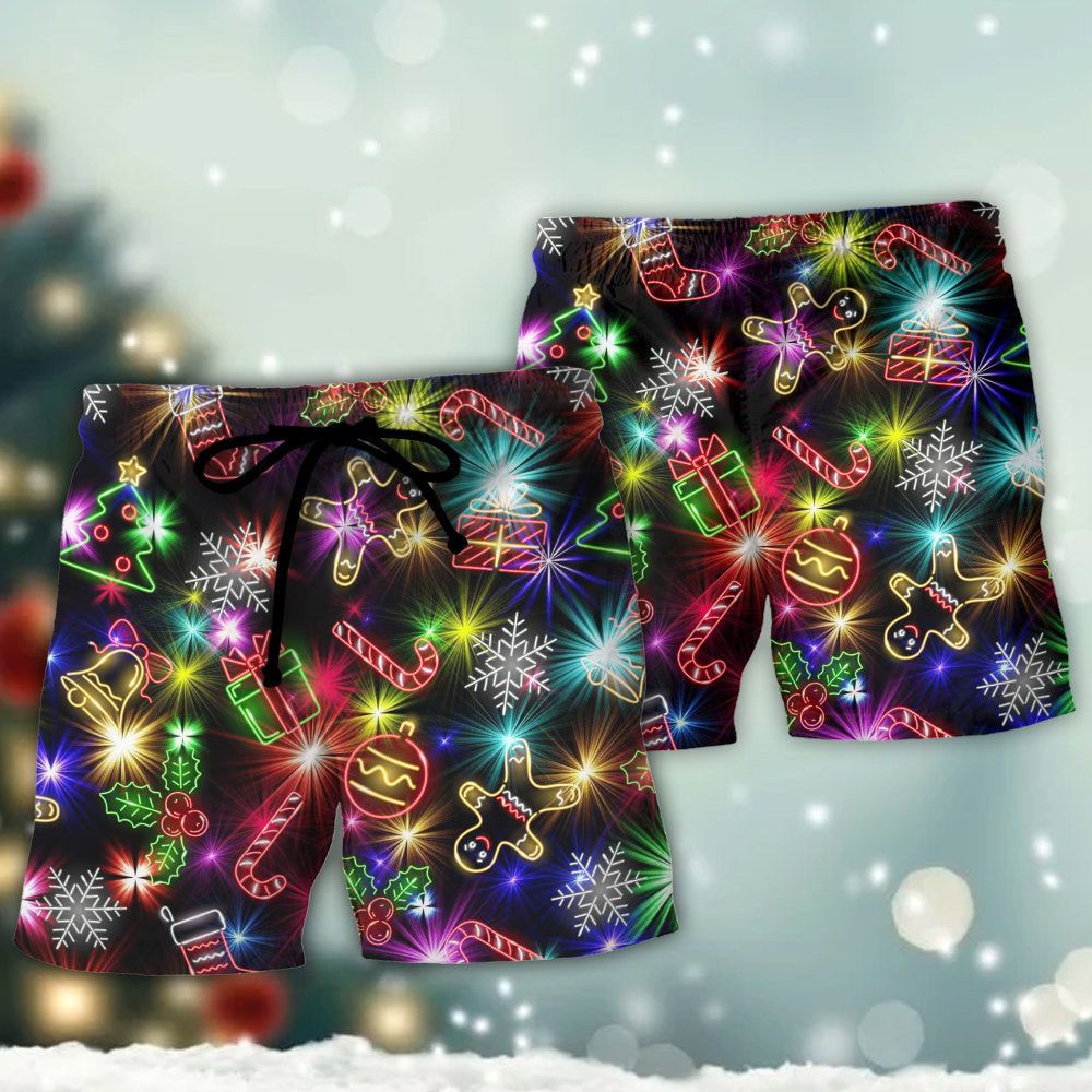Christmas With Tree And Gift Cookies Gingerbread Man Neon Style Trendy Aloha Hawaiian Beach Shorts