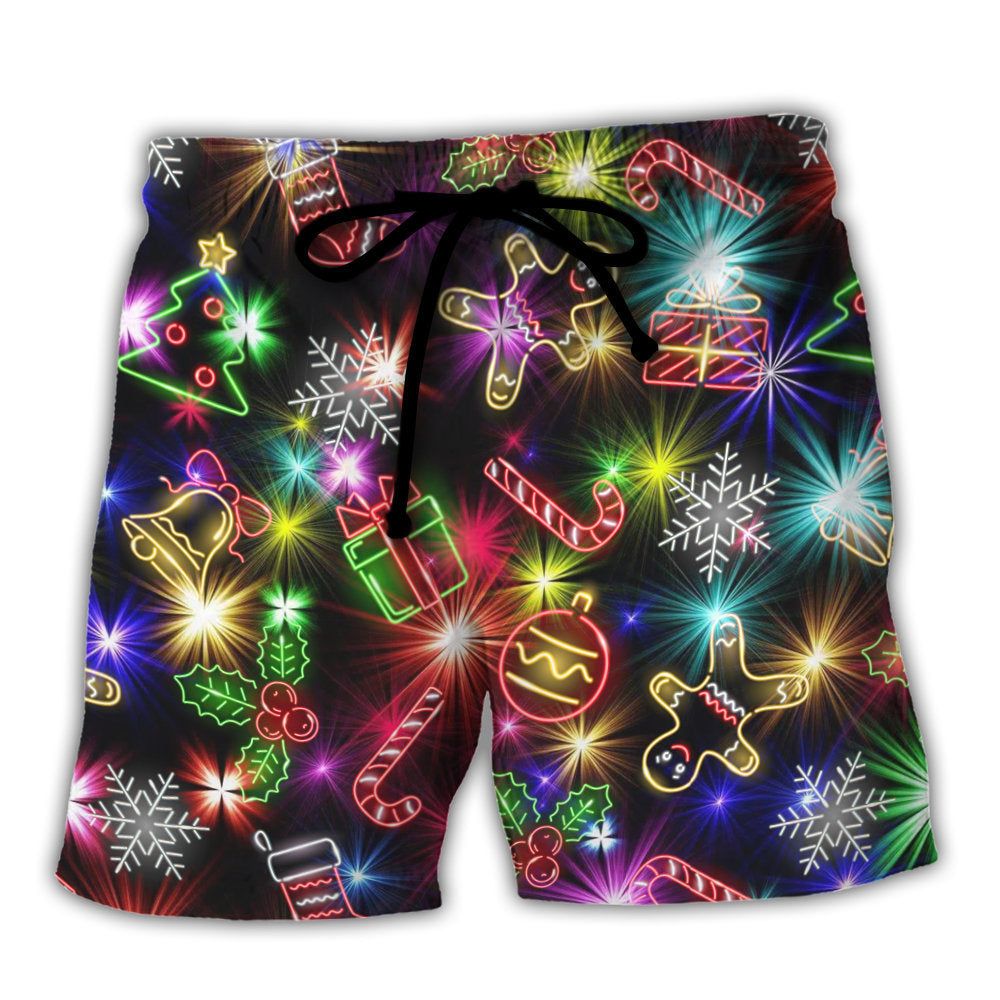 Christmas With Tree And Gift Cookies Gingerbread Man Neon Style Trendy Aloha Hawaiian Beach Shorts Christmas With Tree And Gift Cookies Gingerbread Man Neon Style Trendy Aloha Hawaiian Beach Shorts