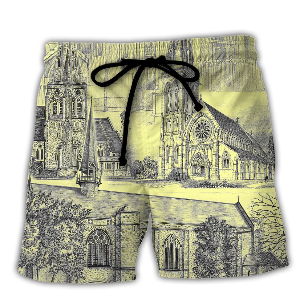 Church With Grey Vintage Style Trendy Aloha Hawaiian Beach Shorts Church With Grey Vintage Style Trendy Aloha Hawaiian Beach Shorts