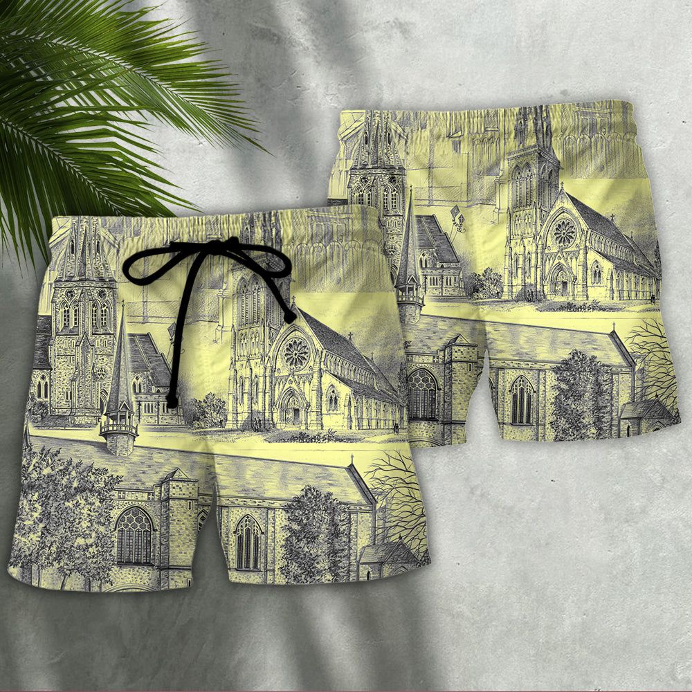 Church With Grey Vintage Style Trendy Aloha Hawaiian Beach Shorts