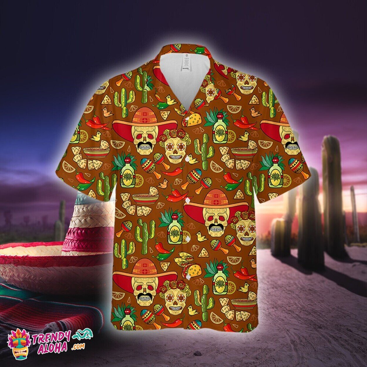 Cinco de Mayo Skull Cactus Taco Themed Men’s Hawaiian Shirt