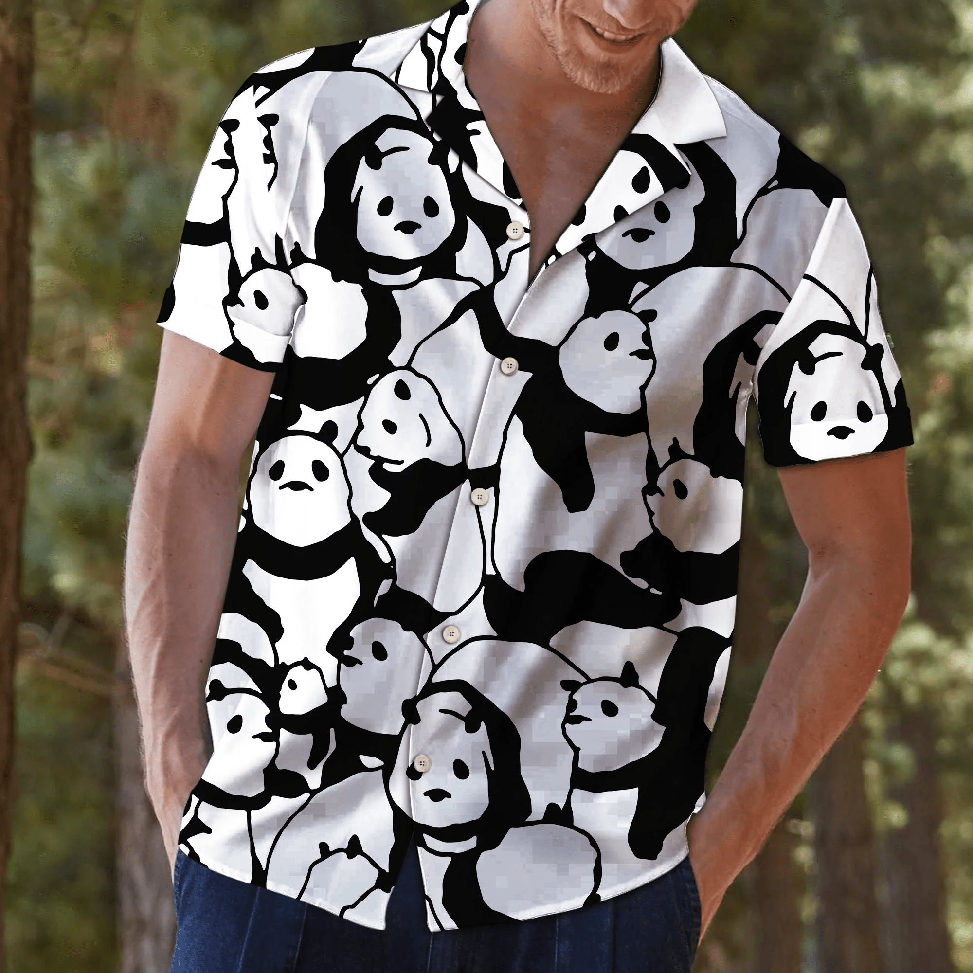 Classic Black and White Panda Print Hawaiian Shirt