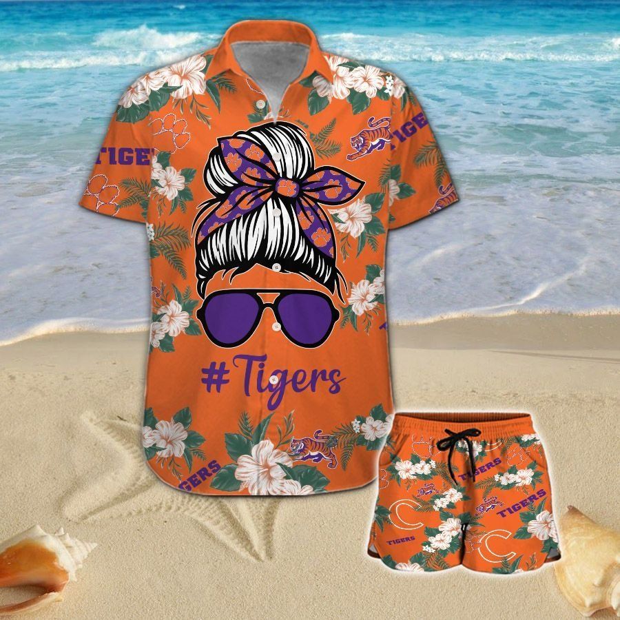 Clemson Tigers Girl Messy Bun Short Sleeve Button Up Tropical Hawaiian Shirt