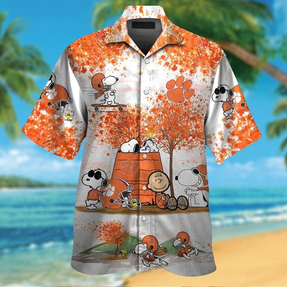 Clemson Tigers Snoopy Autumn Short Sleeve Button Up Tropical Hawaiian Shirt