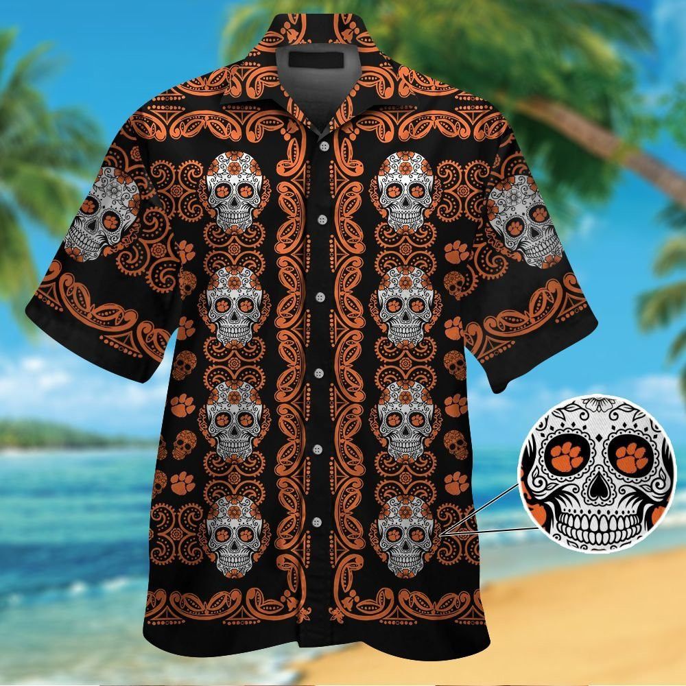 Clemson Tigersskull Short Sleeve Button Up Tropical Hawaiian Shirt
