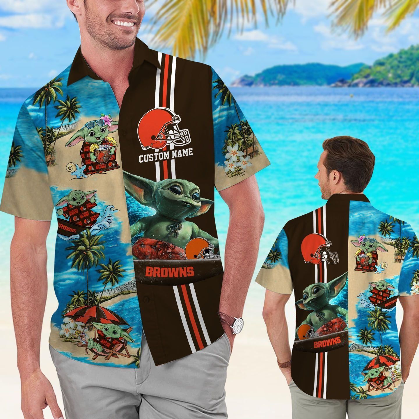 Cleveland Browns Baby Yoda Name Personalized Short Sleeve Button Up Tropical Hawaiian Shirt