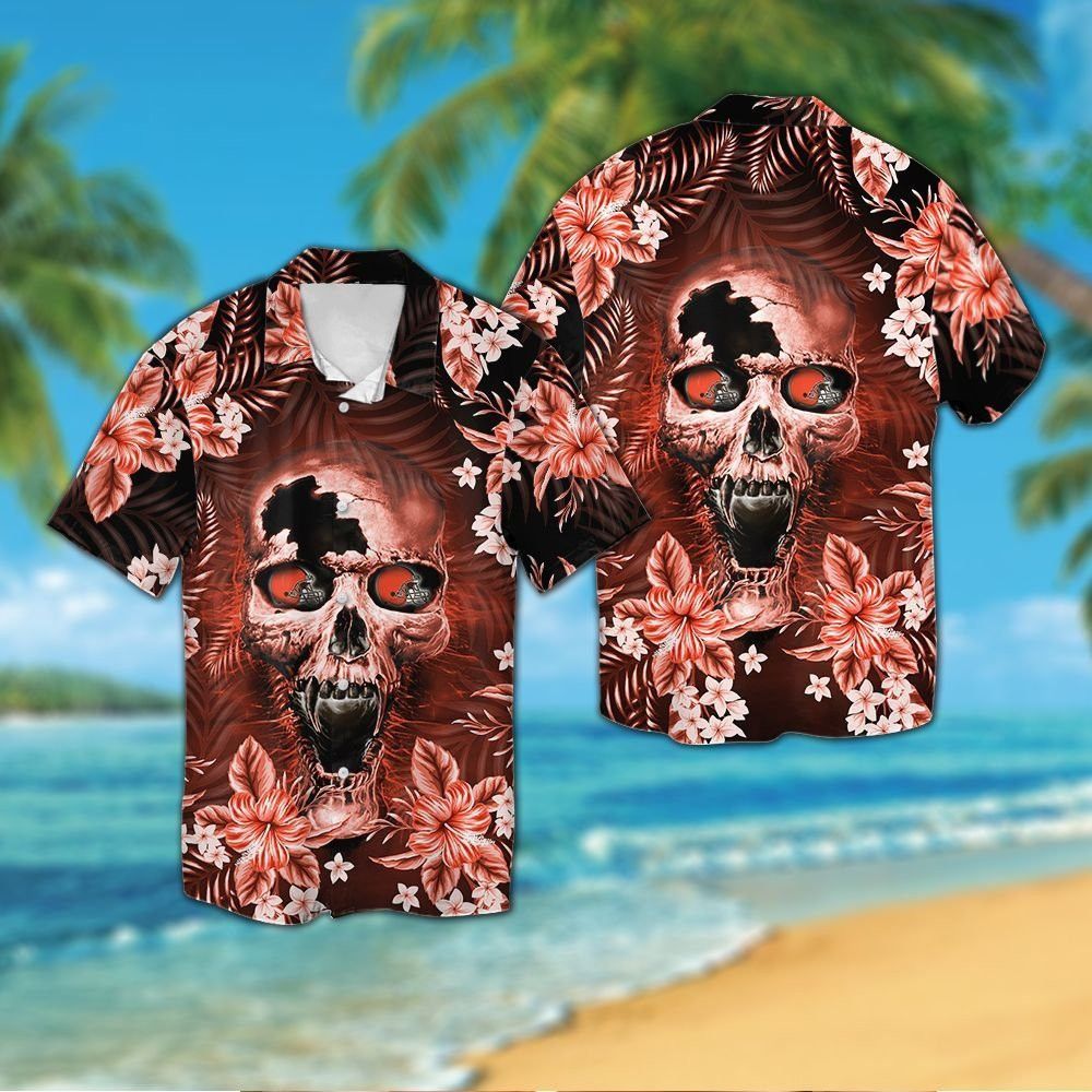 Cleveland Brownsskull Short Sleeve Button Up Tropical Hawaiian Shirt VER01