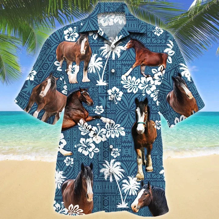 Clydesdale Horse And Hibiscus On Blue Tribal Pattern Trendy Hawaiian Shirt