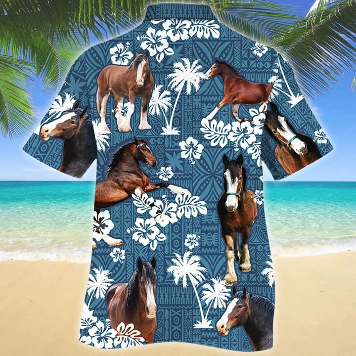 Clydesdale Horse And Hibiscus On Blue Tribal Pattern Trendy Hawaiian Shirt