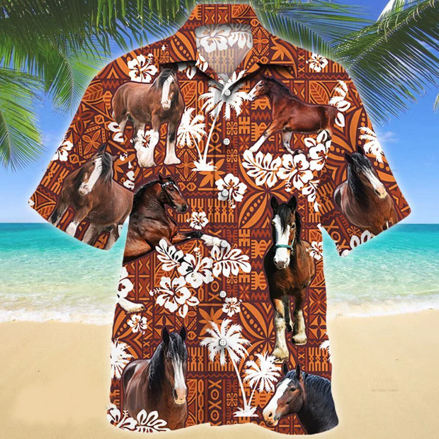 Clydesdale Horse Red Tribal Pattern Horse Lovers Hawaii Shirt, Horse 3D Trendy Hawaiian Shirt
