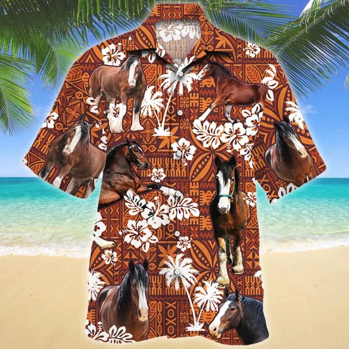 Clydesdale Horse Red Tribal Pattern Trendy Hawaiian Shirt, Horse Short Sleeve Hawaiian Aloha Shirt