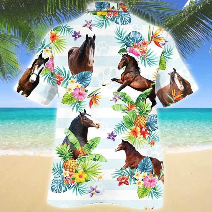 Clydesdale Horse Tropical Flower Blue And White Stripe Trendy Hawaiian Shirt