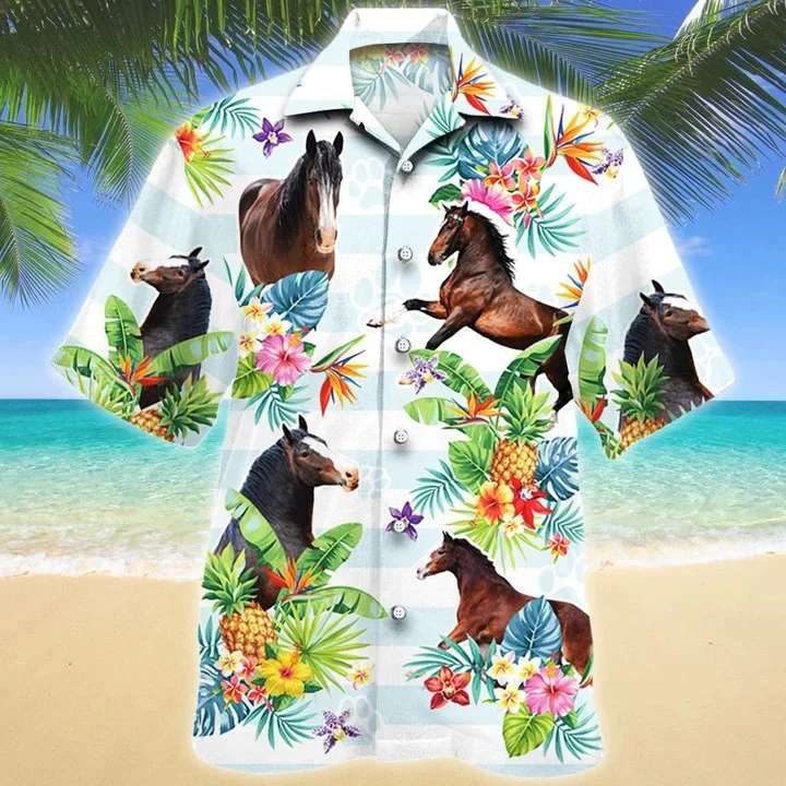 Clydesdale Horse Tropical Flower Blue And White Stripe Trendy Hawaiian Shirt Clydesdale Horse Tropical Flower Blue And White Stripe Trendy Hawaiian Shirt