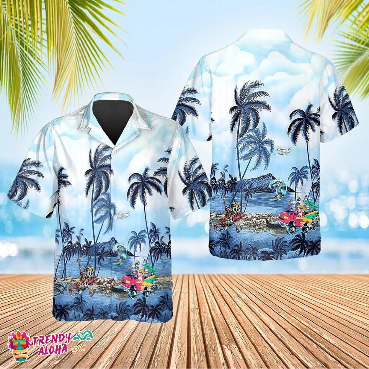 Coastal Coconut Tree Skull Art Blue Hawaiian Summer Shirt