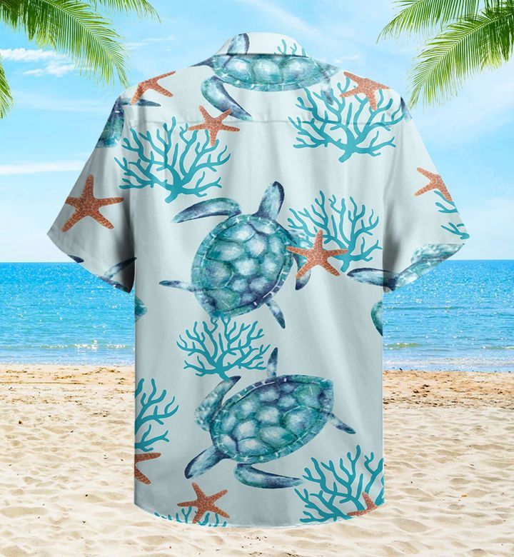 Coatal Life Coral And Turtle Blue Trendy Hawaiian Shirt 3D, Coral Trendy Hawaiian Shirt For Summer Gifts