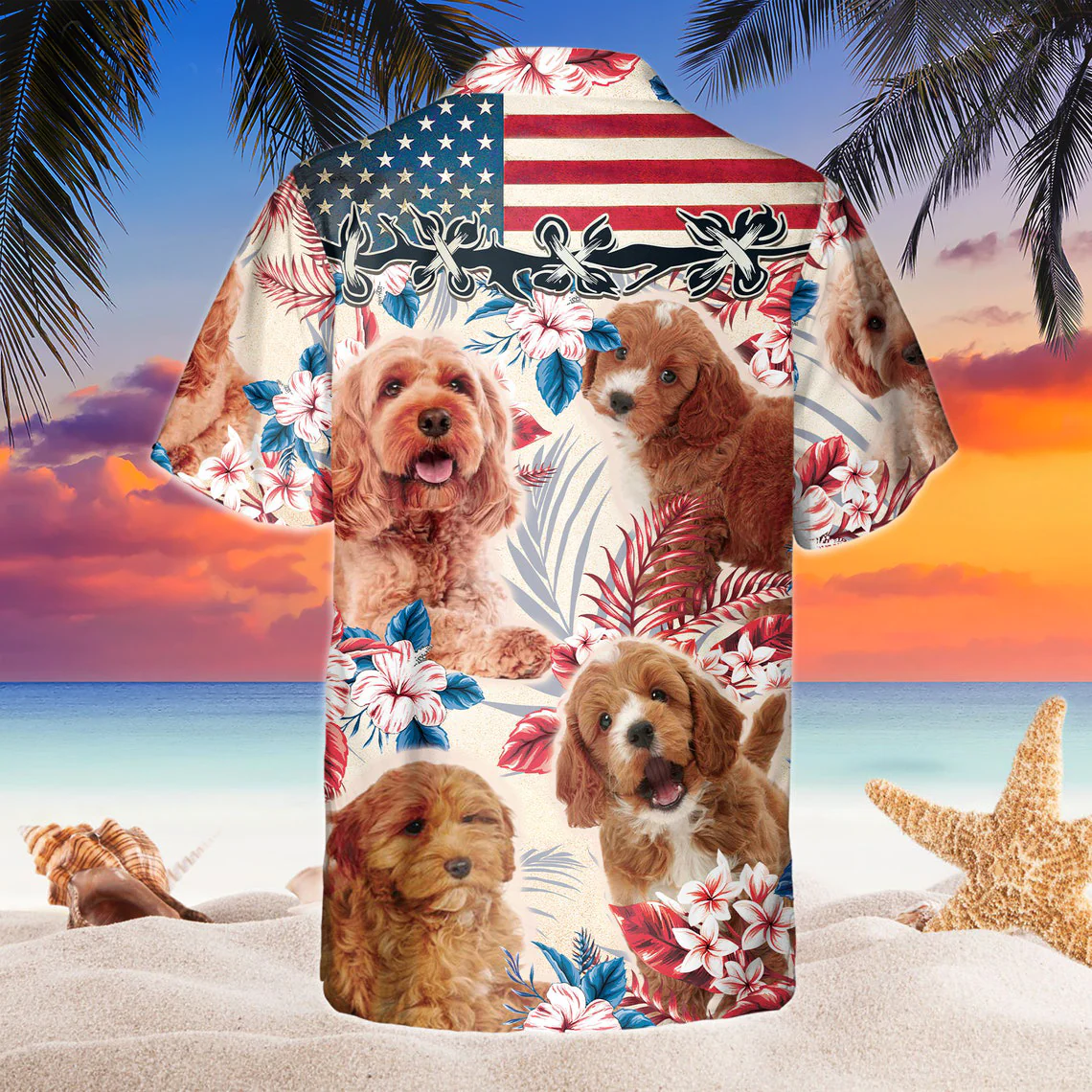 Cockapoo Dog United States Flag Hawaiian Flowers All Over Printed 3D Hawaiian Shirt