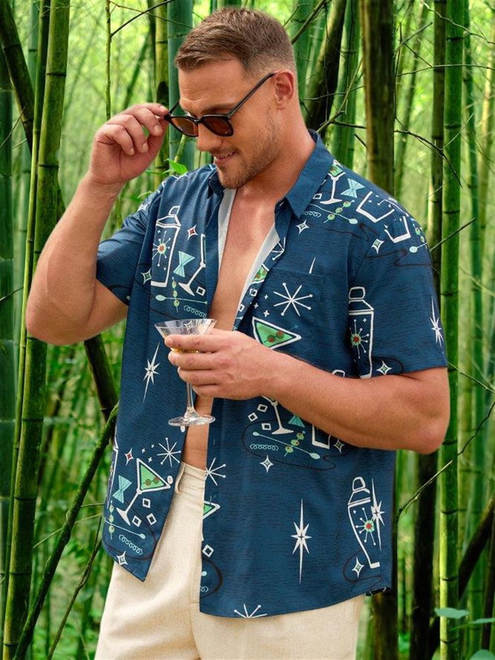 Cocktail Martini Shaker Graphic Tipsy Spirit Vintage Geometric Hawaiian Shirt