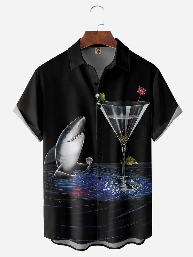 Cocktail Shark Chest Pocket Short Sleeve Hawaiian Shirt Cocktail Shark Chest Pocket Short Sleeve Hawaiian Shirt