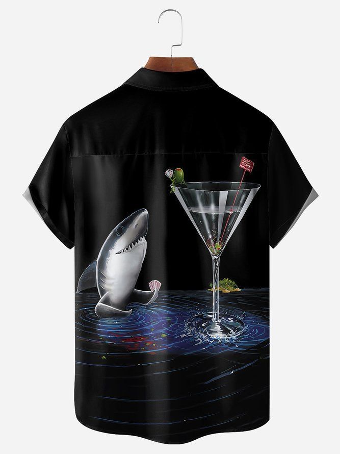 Cocktail Shark Chest Pocket Short Sleeve Hawaiian Shirt