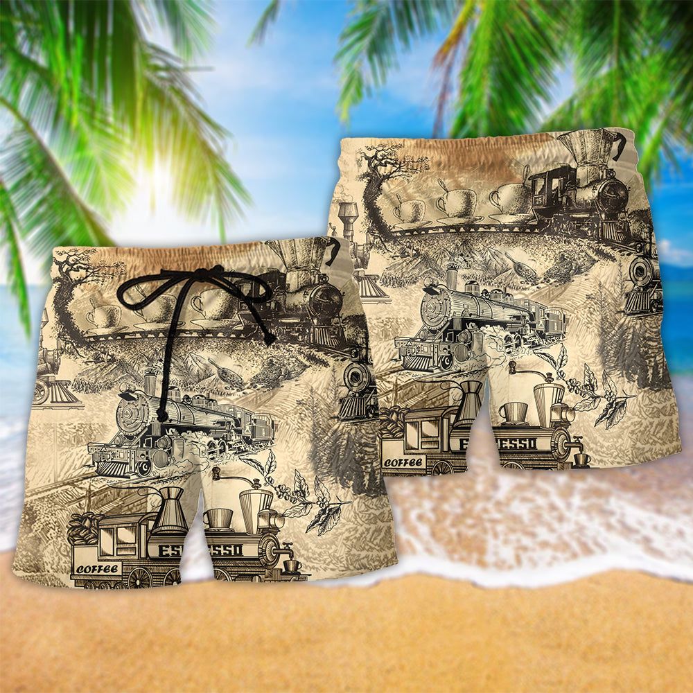 Coffee A Cup Of Coffee On The Train Retro Trendy Aloha Hawaiian Beach Shorts