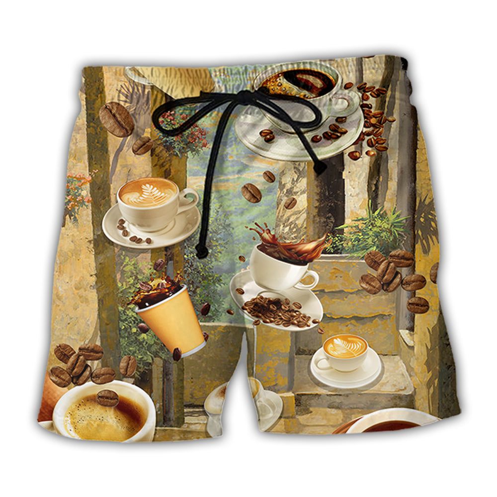 Coffee Morning Vintage Style Trendy Aloha Hawaiian Beach Shorts Coffee Morning Vintage Style Trendy Aloha Hawaiian Beach Shorts
