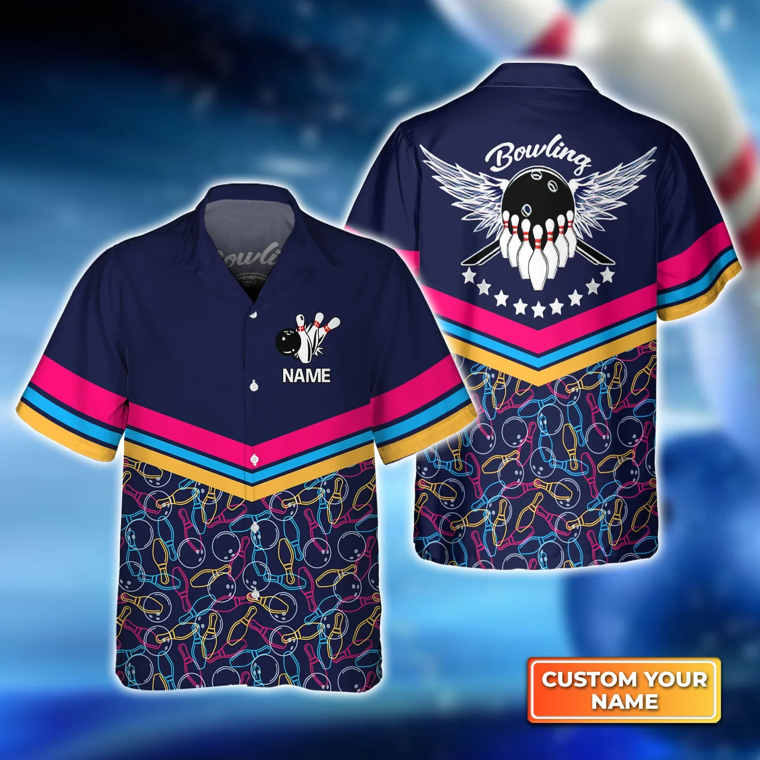 Color Linear Bowling Balls And Bowling Pins Trendy Hawaiian Shirt, Bowling Trendy Hawaiian Shirt For Men, Women, Bowling Team Shirt