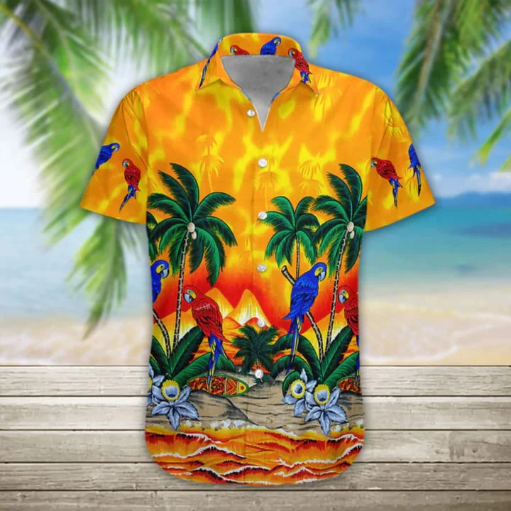 Colorful 3D Parrot Trendy Hawaiian Shirt: Casual Button-Down Men’s Tropical Apparel