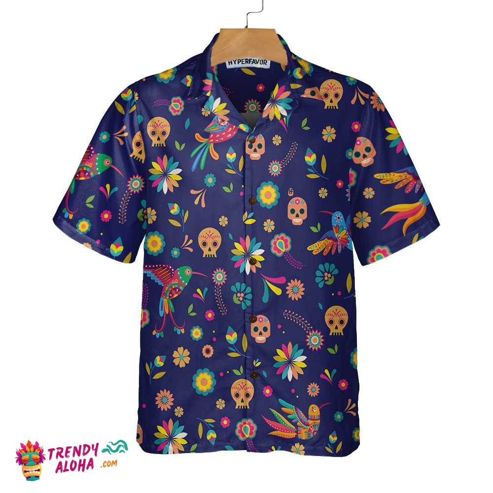 Colorful Alebrijes Birds And Bright Floral Mexican Culture Hawaiian Shirt, Mexican Sugar Skull Shirt