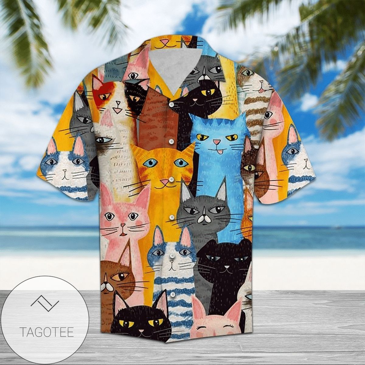 Colorful Artistic Expression via Cat Displayed on Hawaiian Shirt