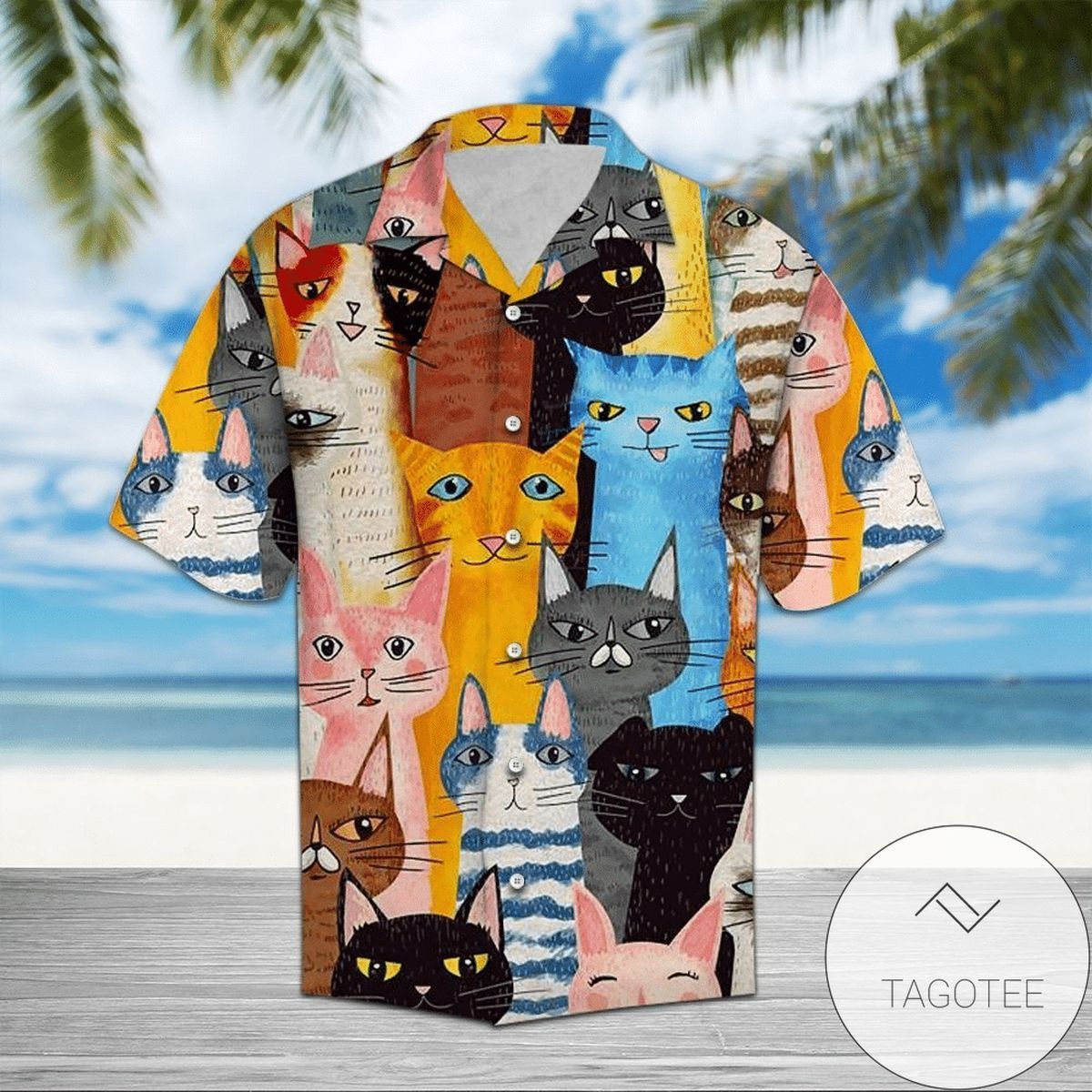 Colorful Cat Art Vivaciously Displayed on Hawaiian Shirt