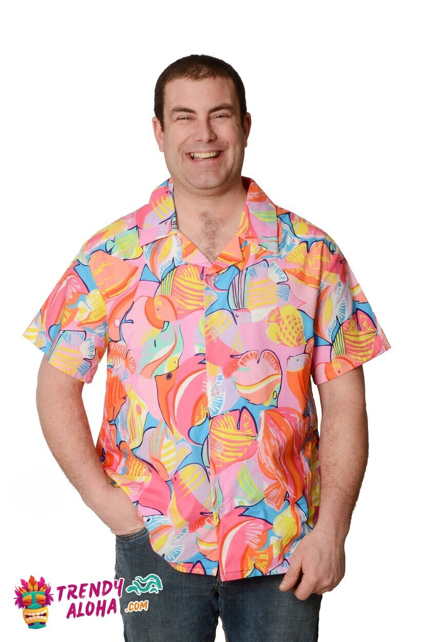Colorful Coral & Blue Tropical Fish Pattern Hawaiian Shirt for Beach Goers