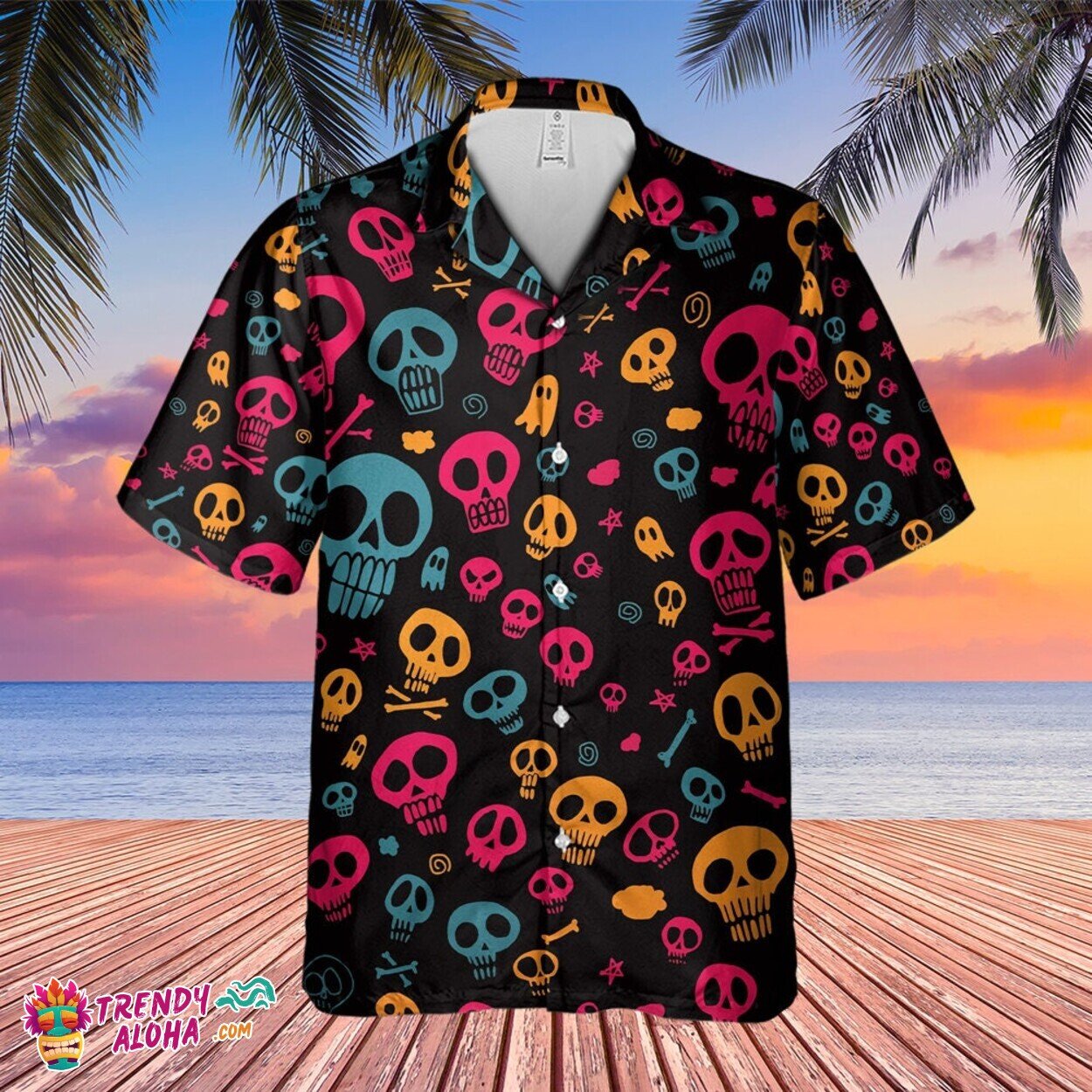 Colorful Dangerous Skull 3D Print Men’s Summer Hawaiian Shirt