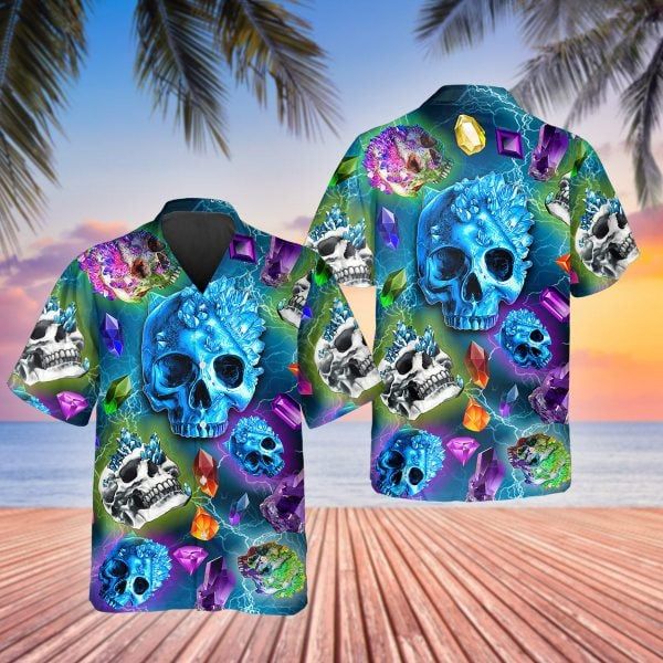 Colorful Diamond Skull 3D Printed Trendy Hawaiian Shirt Men, Skull Flower Hawaiian Aloha Shirt