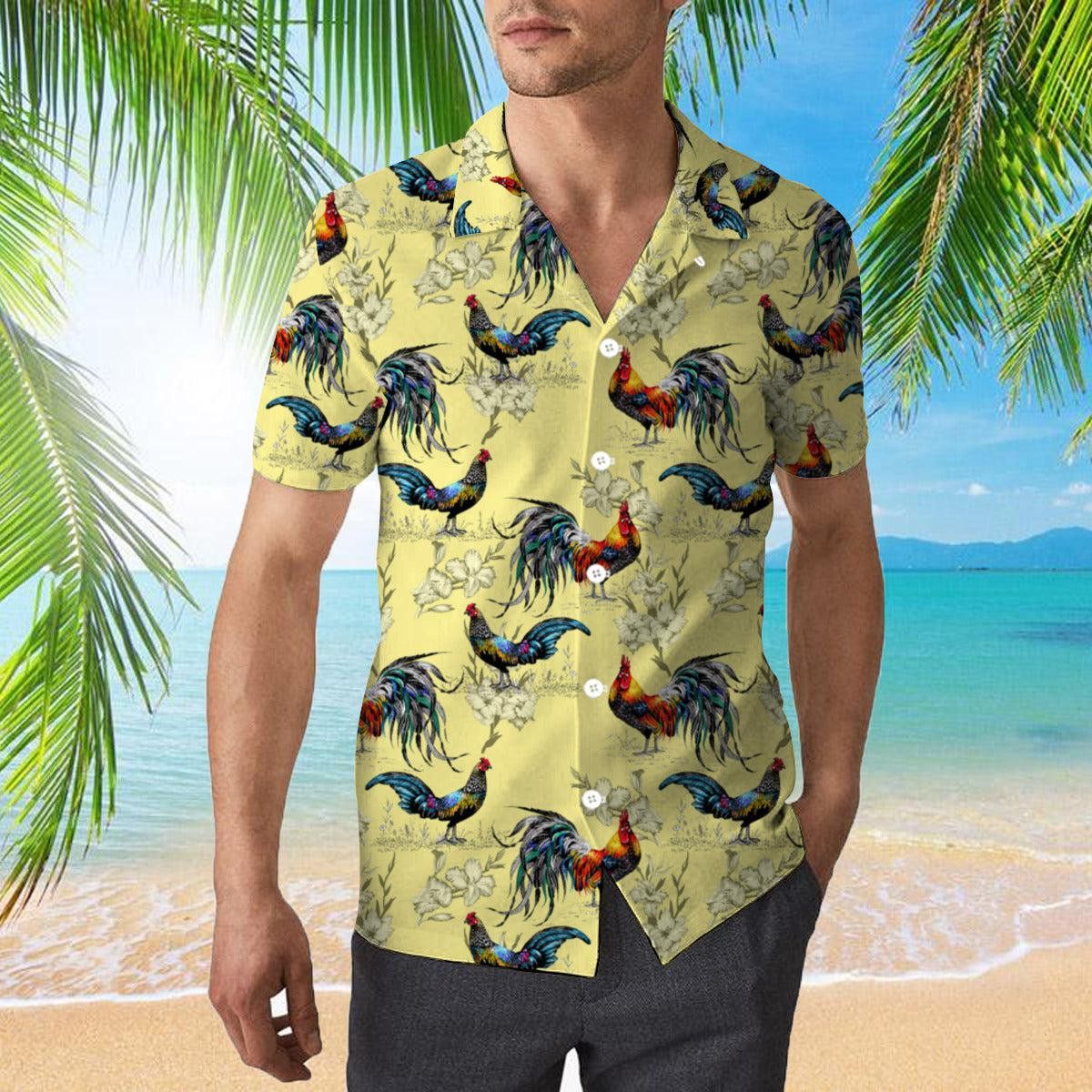 Colorful Farm Chicken Roosters Silhouettes Love Flowers Trendy Hawaiian Shirt