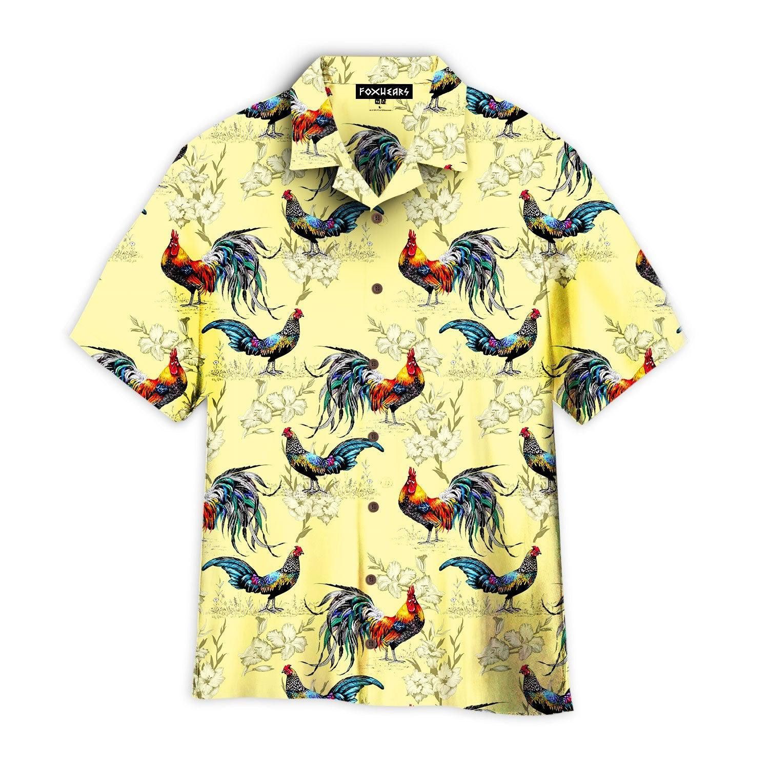 Colorful Farm Chicken Roosters Silhouettes Love Flowers Trendy Hawaiian Shirt