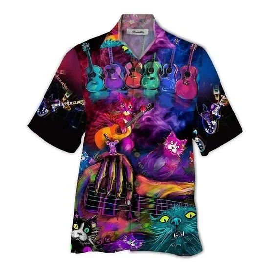 Colorful Guitar Cats Background Design Trendy Hawaiian Shirt