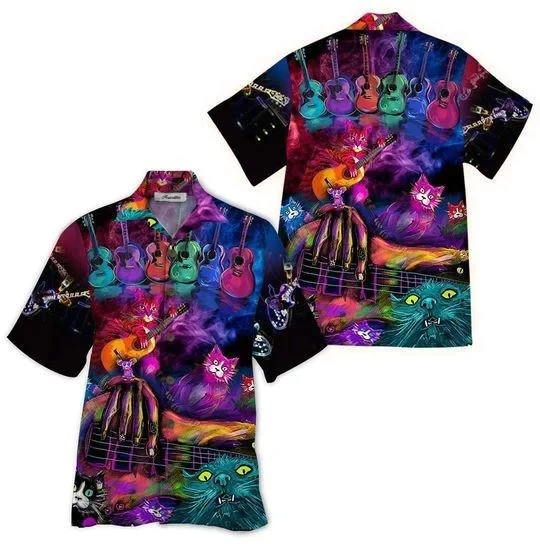 Colorful Guitar Cats Background Design Trendy Hawaiian Shirt