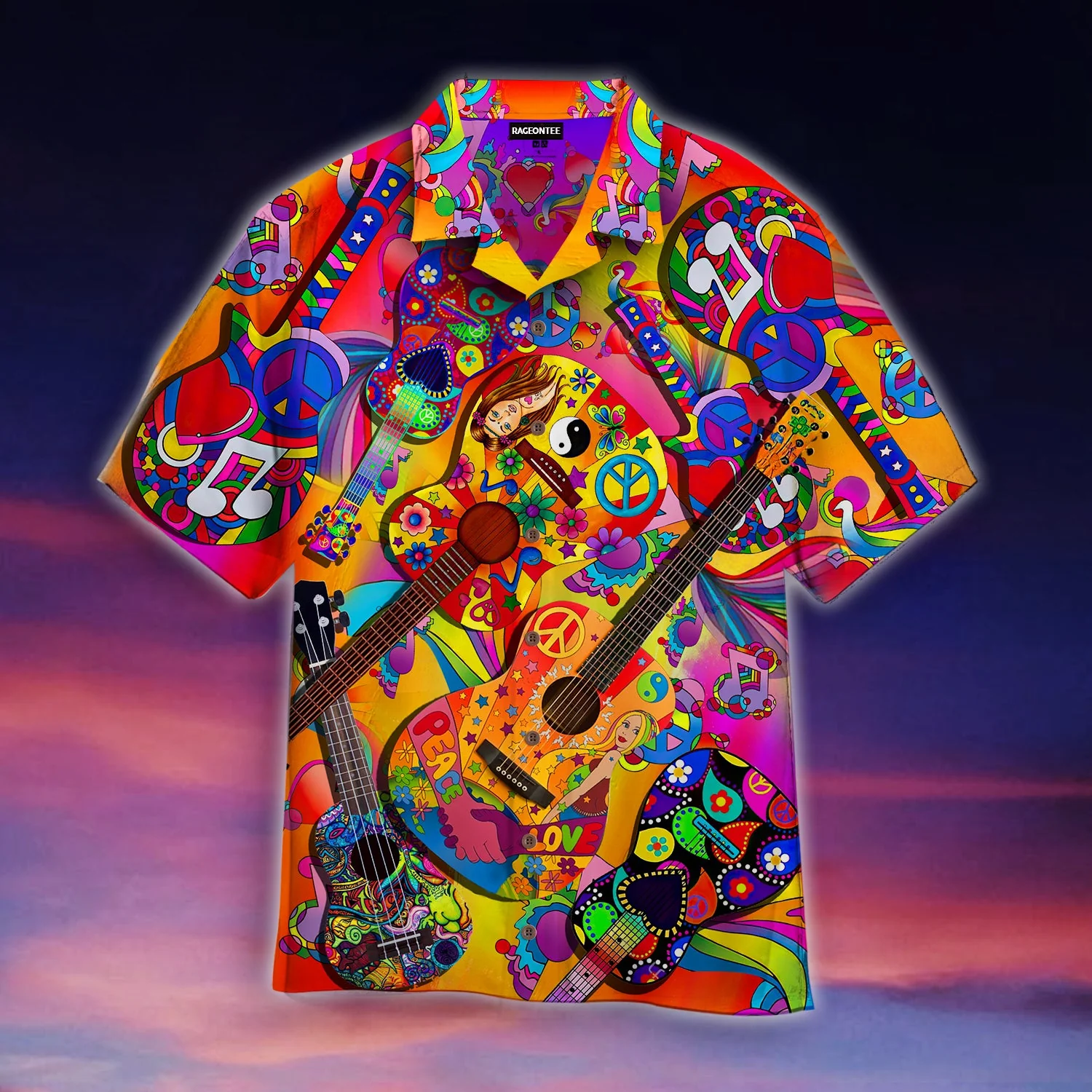 Colorful Guitar Hippie Love Music Hawaiian Shirt Aloha Shirt