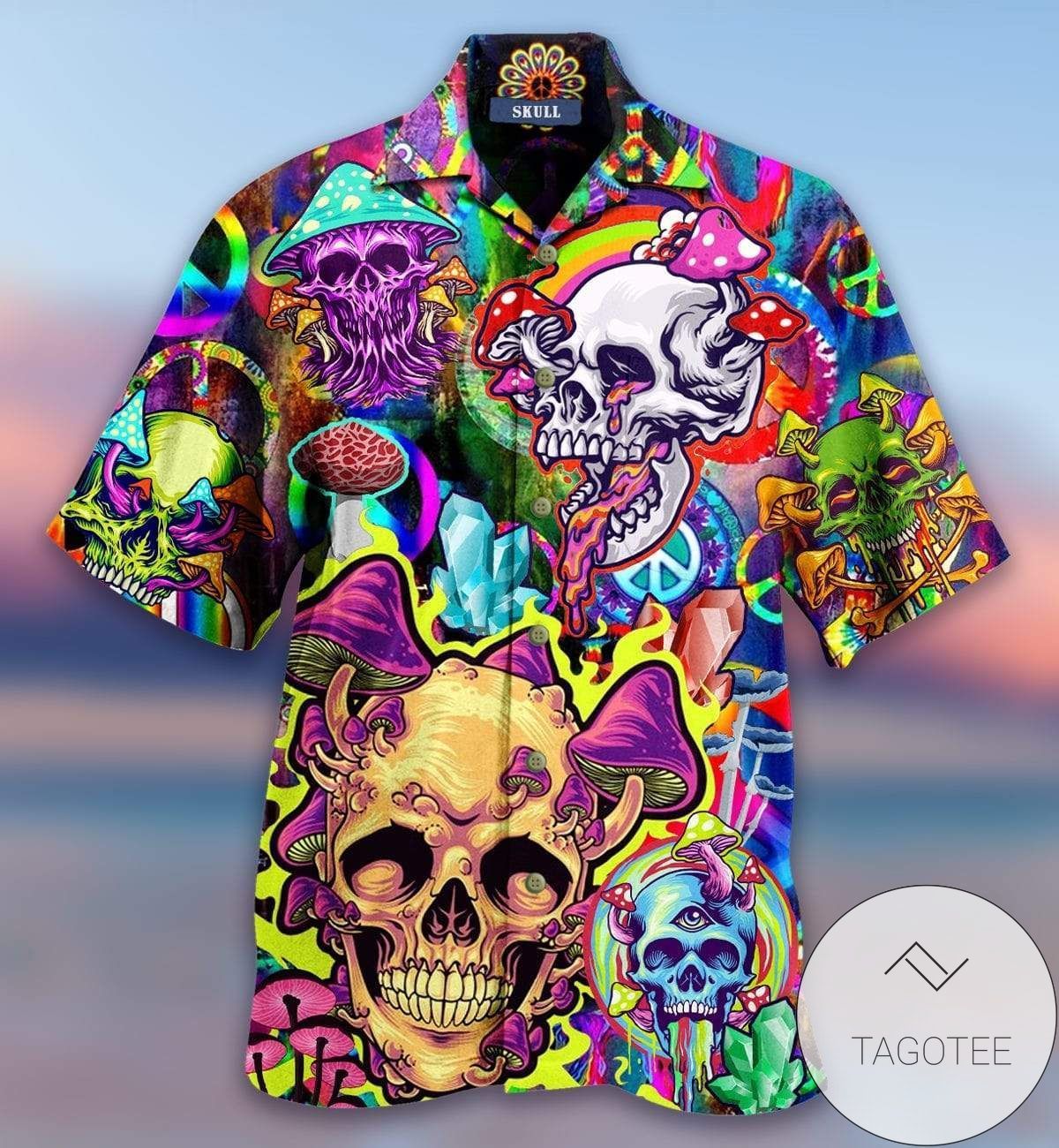 Colorful Happy Hippie Mushroom Skull Pink Unisex Hawaiian Shirts