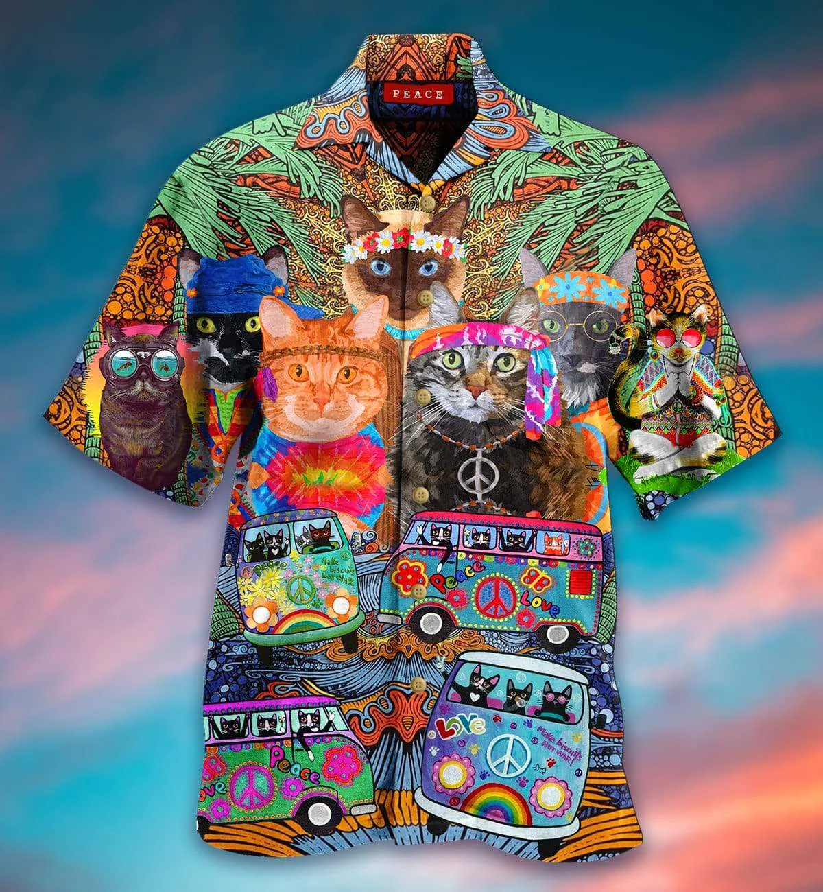 Colorful Hippie Van And Cat Unisex Trendy Hawaiian Shirt  Aloha Shirt