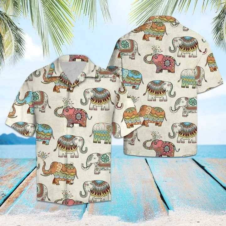 Colorful Mandala Elephant In Beige Trendy Hawaiian Shirt